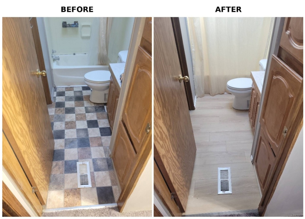 Before and after photos of a bathroom floor, from checkered tile to light wood-look planks