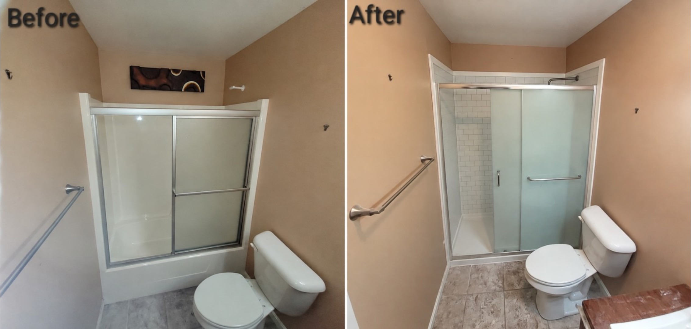 Before and after photos of a bathroom shower surround