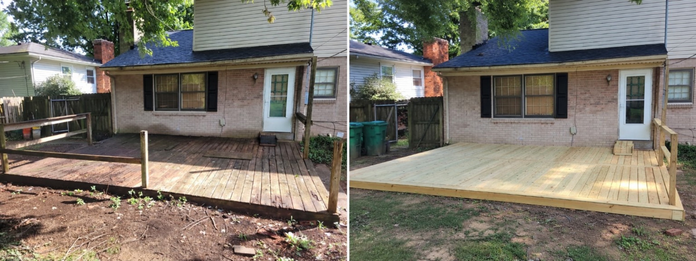 Before and after view of a wood deck rebuilt with new boards at a brick house