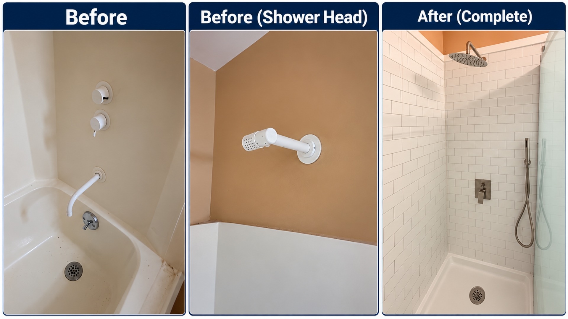 Labeled before and after photos of a tub and shower replaced with a tiled shower