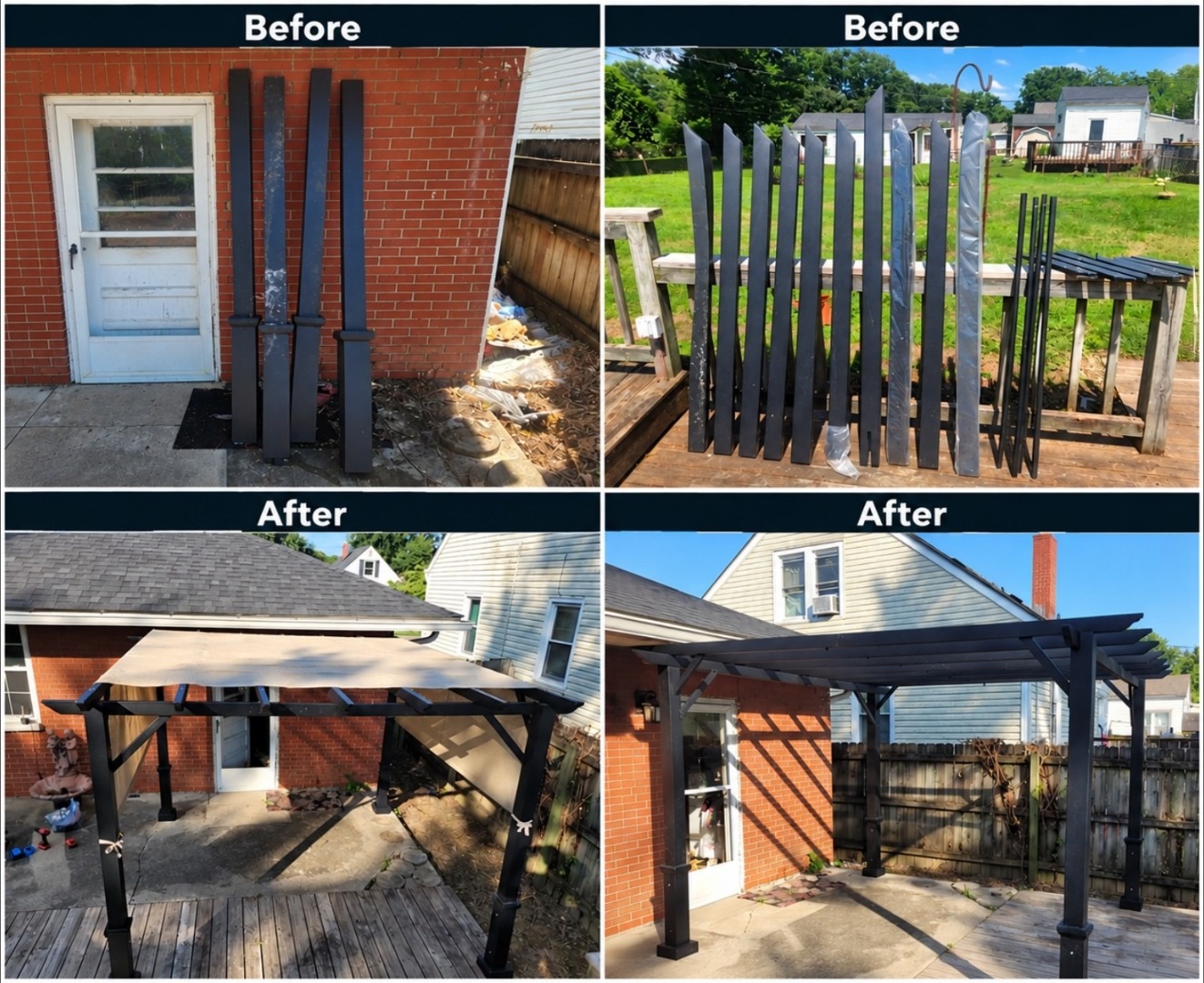 Before and after photos of a dark pergola assembled beside a brick house