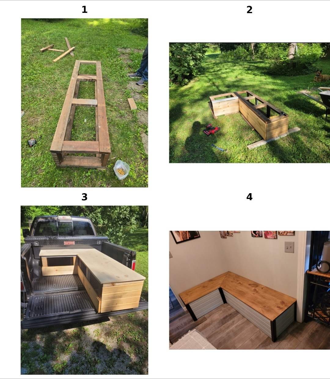 Numbered photos of an L-shaped wood bench frame, transport, and the finished bench