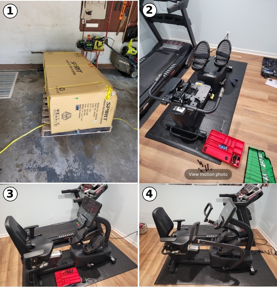 Numbered photos of a Spirit exercise machine from the shipping box to the assembled unit