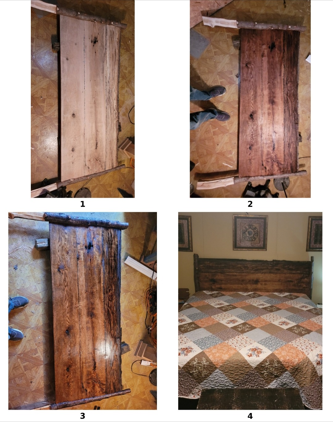 Numbered photos of a wood slab finished and installed as a bed headboard