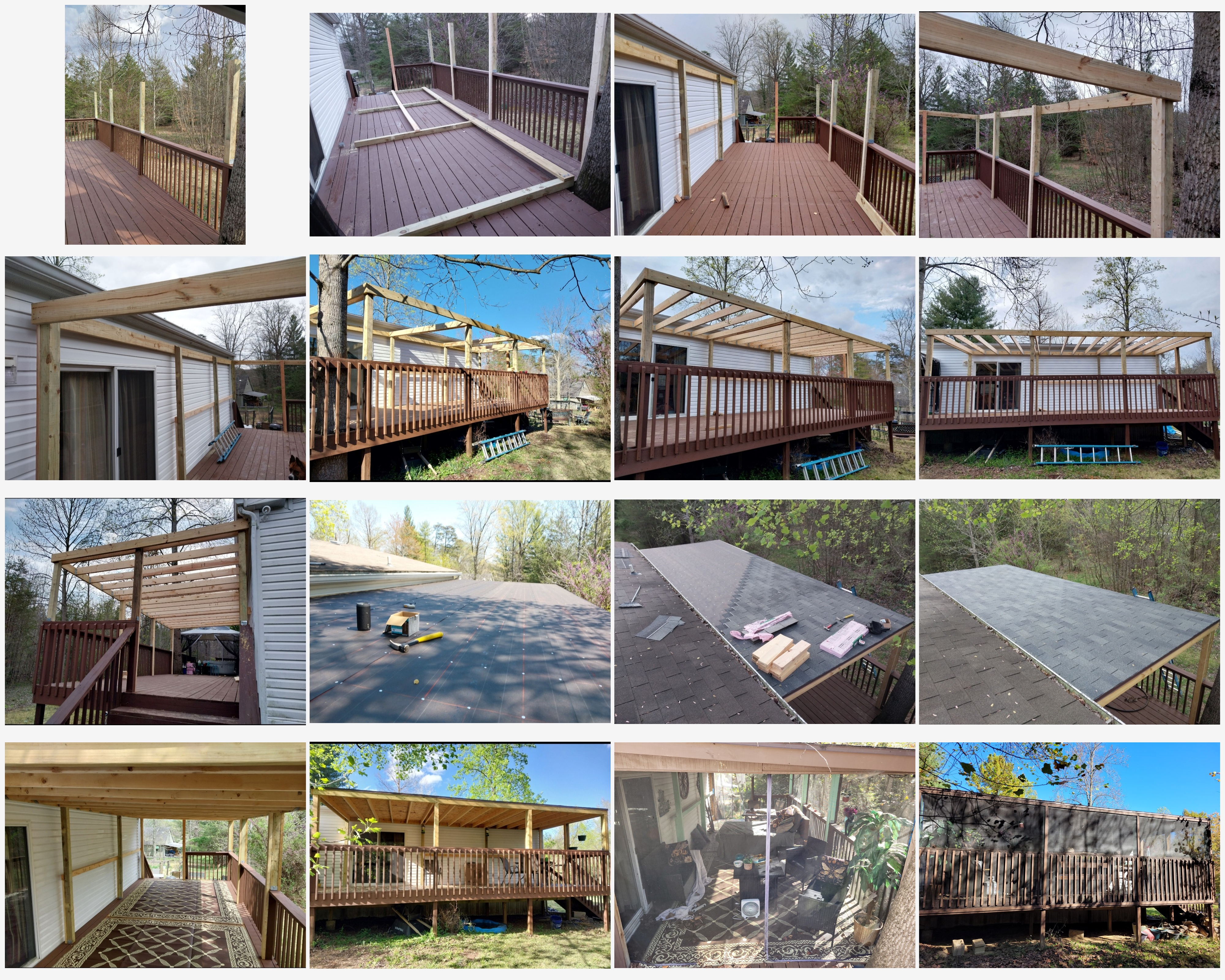 A grid of photos showing a wood frame and roof built over an existing deck