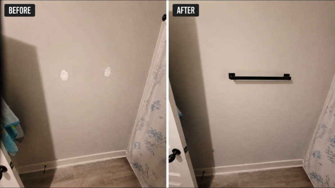 Before and after photos of two wall holes repaired and a towel bar mounted