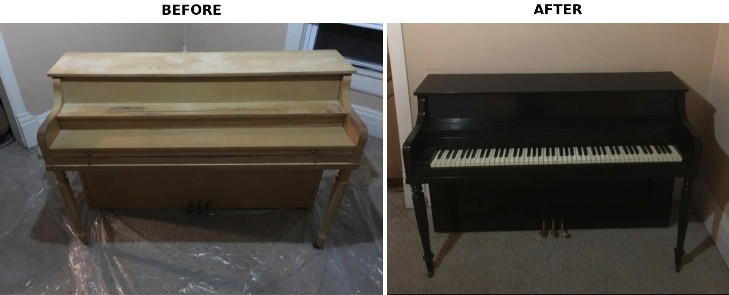Before and after photos of a light wood piano refinished in a dark finish