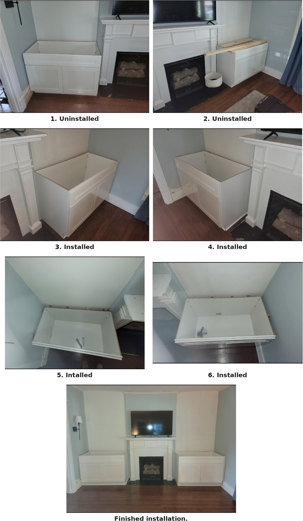 Labeled photos of white cabinets from uninstalled pieces to a finished fireplace installation