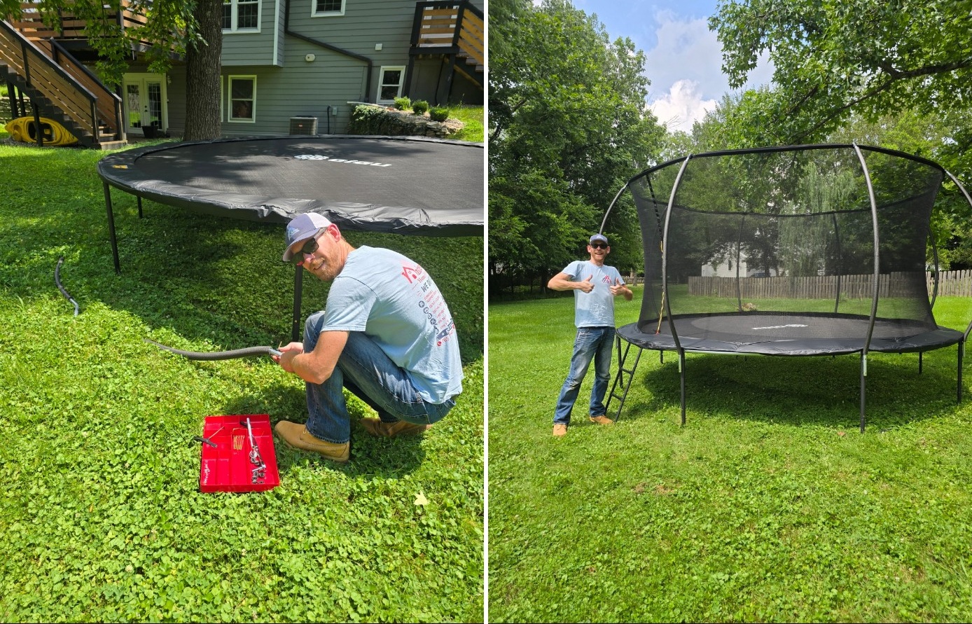 Brett Andrews assembling a trampoline in a backyard