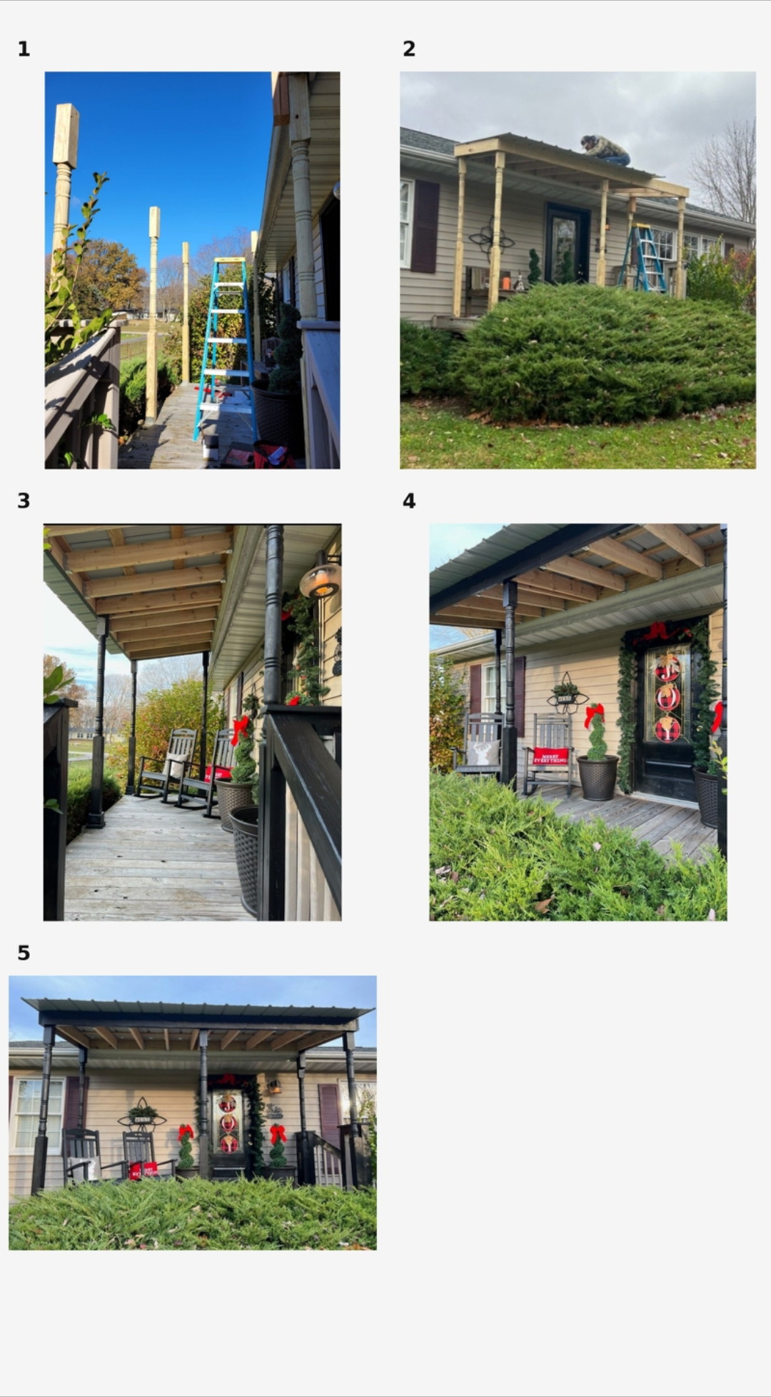 Numbered photos of posts, framing, and a finished covered front porch