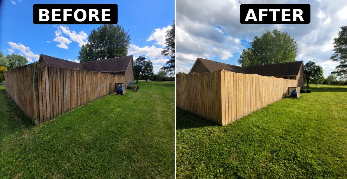 Before and after photos of a wood privacy fence, with the after side showing newer boards