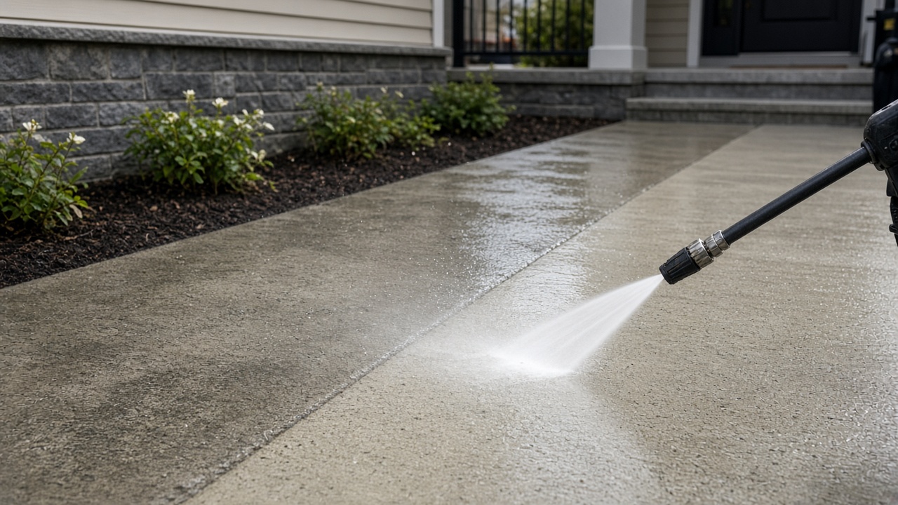 Example of pressure washing a concrete walkway